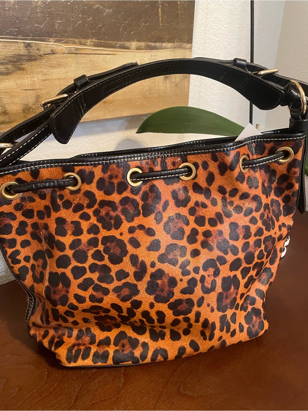 Dooney & Bourke Leopard Print Drawstring Shoulder Bag - Brown and Black - Picture 9 of 15
